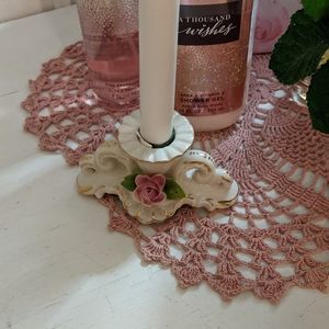Vintage Porcelain Candlestick with Pretty Pink Rose Bud.